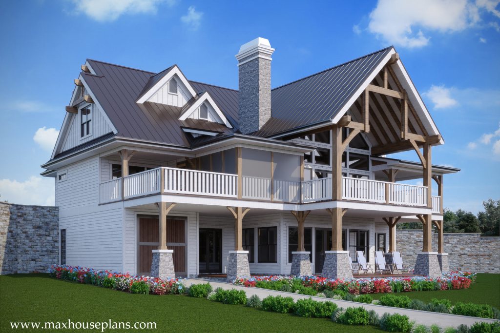 3 Story Rustic Open Living Lake House Plan 