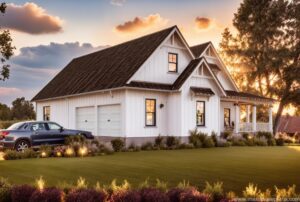 4 bedroom modern farmhouse with 2 car garage and wraparound porch