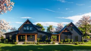 modern farmhouse barndominium floor plan with open-concept living areas lighting black