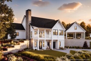 modern farmhouse with walkout basement, porches and detached garage