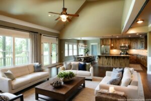 open living farmhouse high ceilings blueprint design