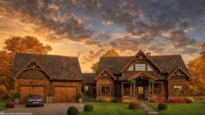 rustic open living 3 story lakehouse plan with walkout basement