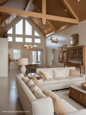 vaulted ceilings in great room white walls and wood rafters