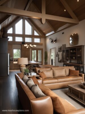 vaulted living room with rustic timbers and details